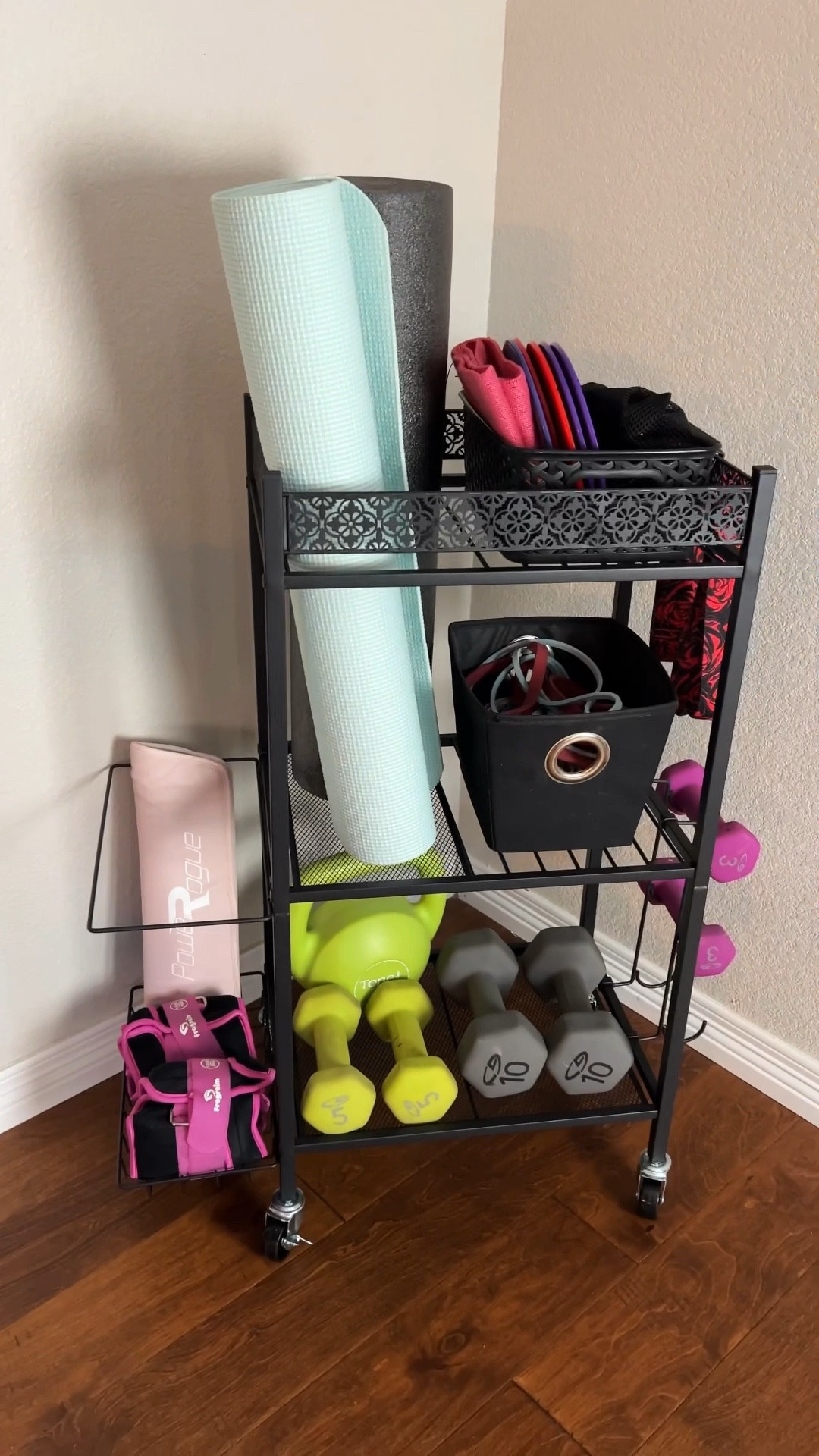 The cutest workout equipment cart, and super easy to assemble. Comes in multiple color choices and perfect for keeping your dumbbells, mats, bands and more organized and in one place. Also has wheels that makes it easy to transport from room to room (if needed).

#LTKActive #LTKHome #LTKFitness