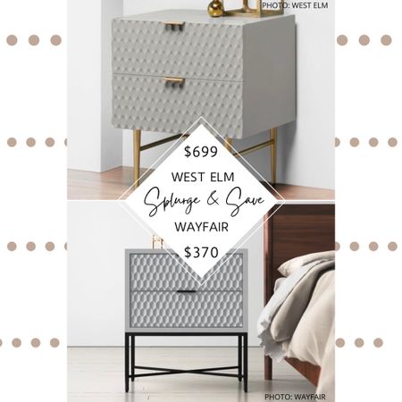 The West Elm Audrey nightstand features a wood base, gold metal feet, minimalist drawer pulls, a geometric textured drawer face, a modern silhouette, and two drawers. 

Wayfair’s Capra Solid + Manufactured Wood Nightstand features geometric textured drawers, a wood frame, an open a metal base, X-shaped gold legs, a low profile, and comes in black, grey, taupe, and white. 

#westelm #nightstand #bedsidetable #bedroom #modern #home #homedecor #furniture West Elm Audrey nightstand dupe. West elm dupes. West Elm looks for less. West elm bedroom. Bedroom furniture. Affordable nightstand. Affordable bedside table. Wayfair dupes. West elm dupes from Wayfair. Modern nightstand. Modern bedroom. Splurge and Save. Spend and Save. Decorating on a budget. Affordable home decor. 

#LTKsalealert #LTKhome #LTKFind