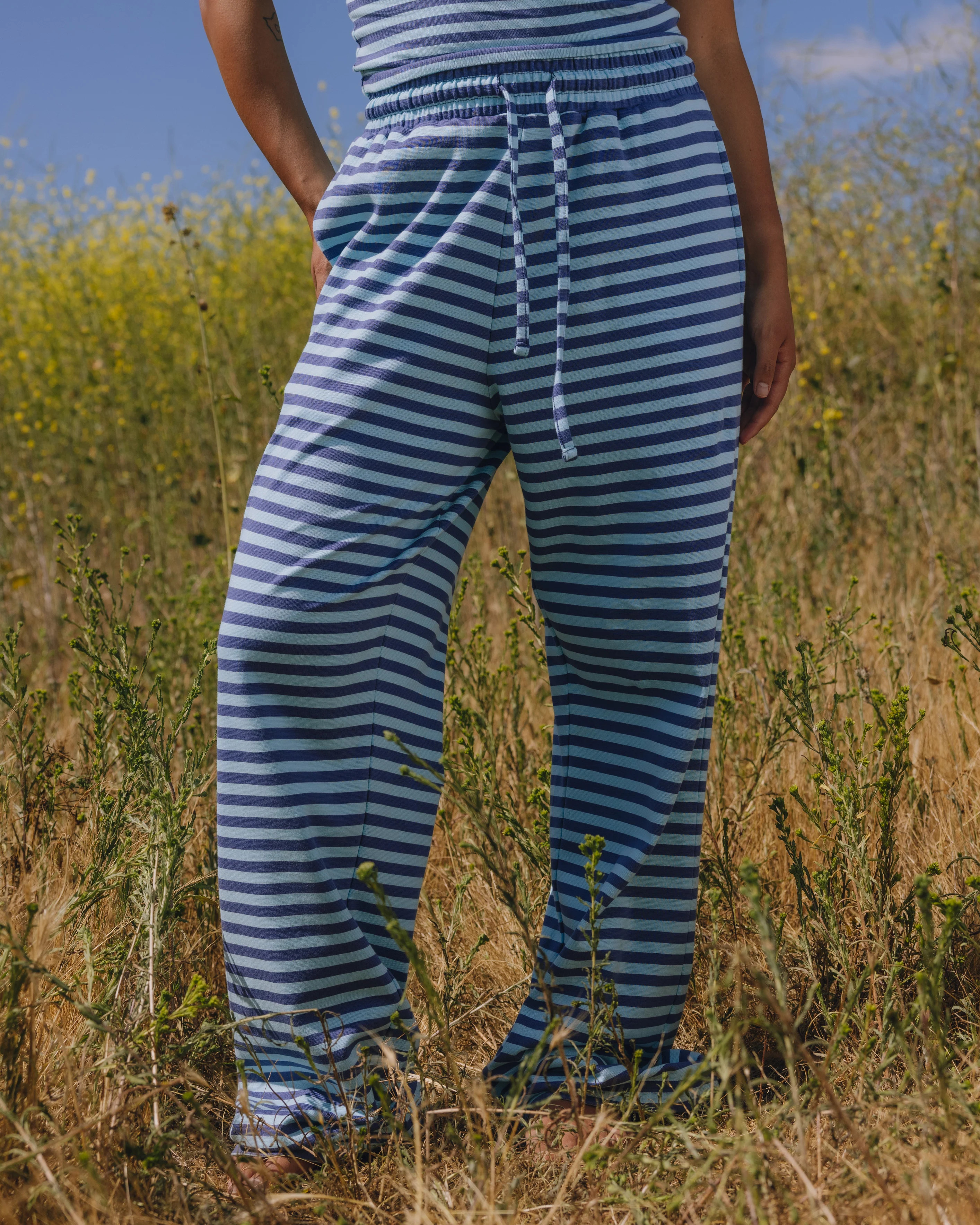 Striped Cotton Pants - Malibu + Navy Stripe | Daily Drills LLC