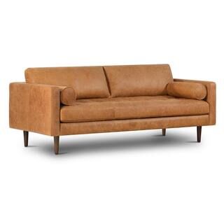 Napa 88.5 in. Square Arm Leather Straight Sofa in Brown Cognac Tan | The Home Depot