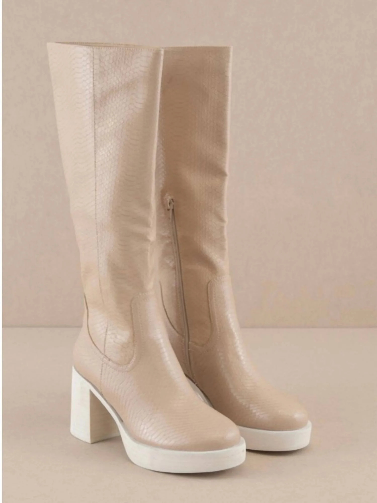 Platform Knee High Boots In Beige | Shop Simon
