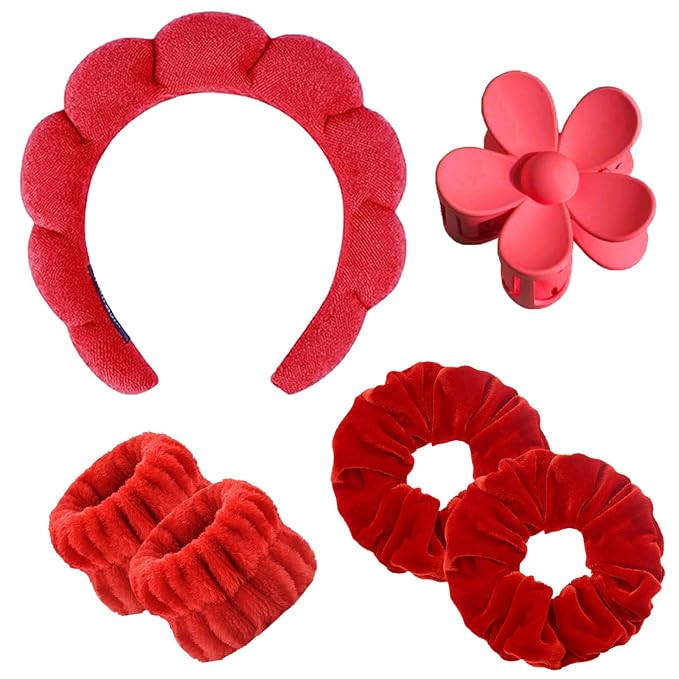 6PCS Skincare Headbands for Women Red Spa Makeup Headband Set, Large Flower Hair Claw Clip, Velve... | Amazon (US)