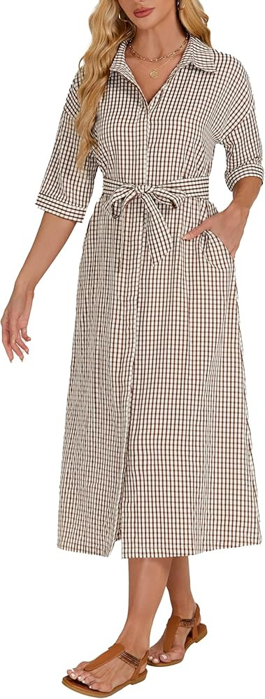 Women's Half Sleeve Plaid Maxi Dress Collar V Neck Belted Casual Button Down Long Loose Dress | Amazon (US)