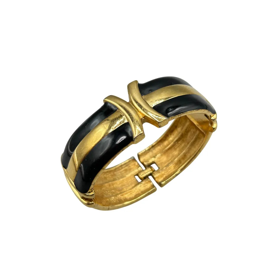 Vintage MONET Hinged Bangle Bracelet Gold Tone And Black Enamel | Etsy (US)
