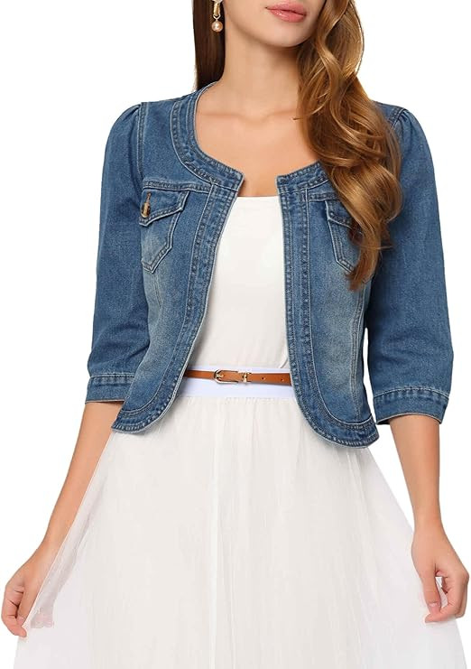 Allegra K Denim Jacket for Women's Collarless 2025 Cardigan 3/4 Sleeve Crop Jean Jackets | Amazon (US)