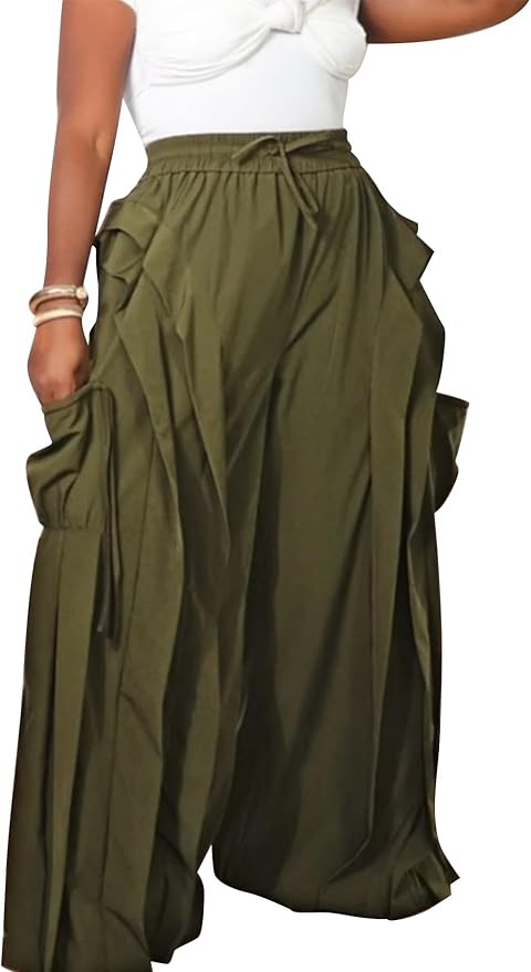 HuiSiFang Women's Baggy Cargo Pants Ruffle Patchwork High Waisted Wide Leg Parachute Casual Trous... | Amazon (US)