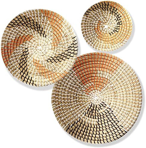Set of 3 Decorative Wall Basket - Boho Hand Woven Rattan Hanging Decor Round Flat Wicker Baskets ... | Amazon (US)