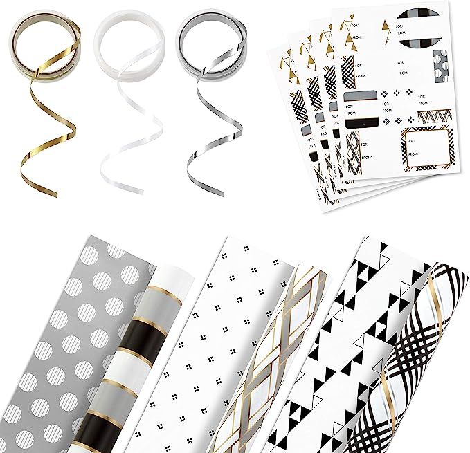 Hallmark Reversible Wrapping Paper Bundle with Ribbon & Gift Tag Stickers - Black, Gold Stripes, ... | Amazon (US)