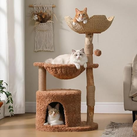 PAWZ Road Modern Cat Tree with Natural Solid Wood Scratching Post, 40 Inches Cat Tower with Large... | Amazon (US)