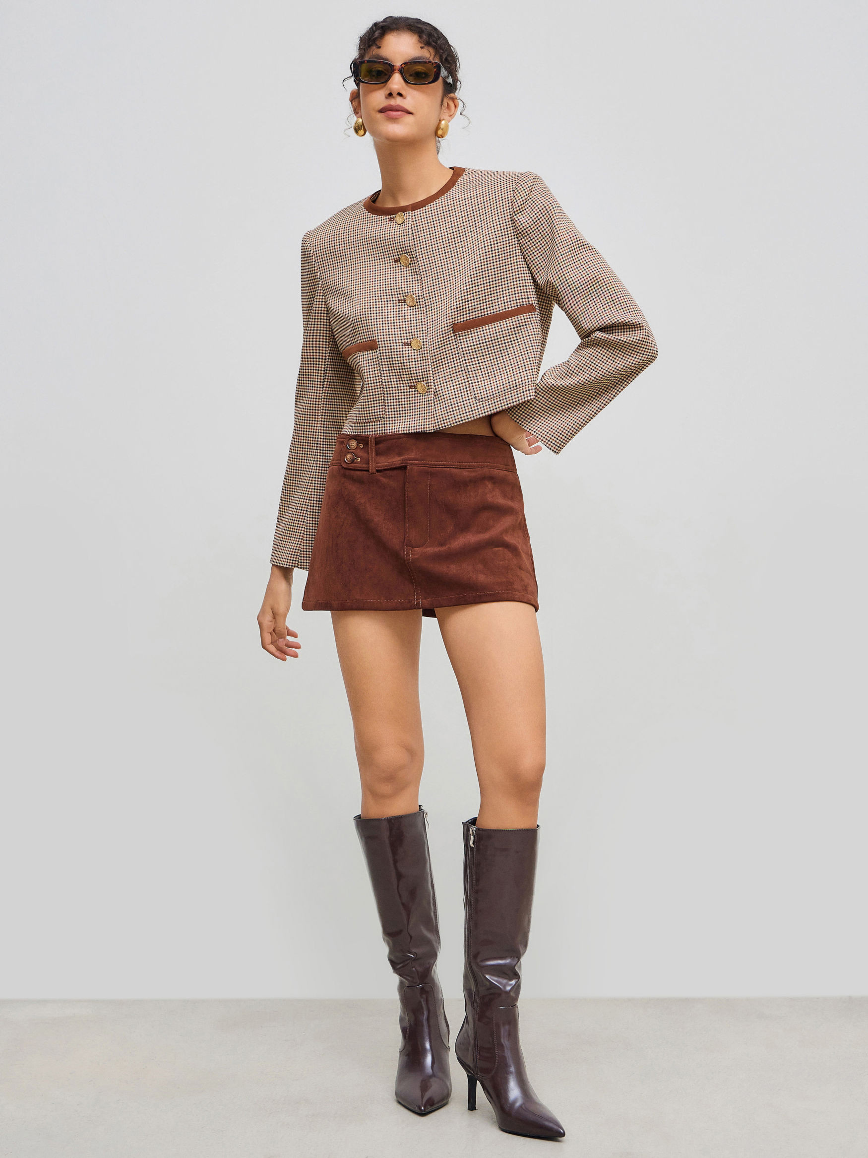 Woven Round Neckline Check Contrasting Binding Pocket Crop Jacket For Work | Cider