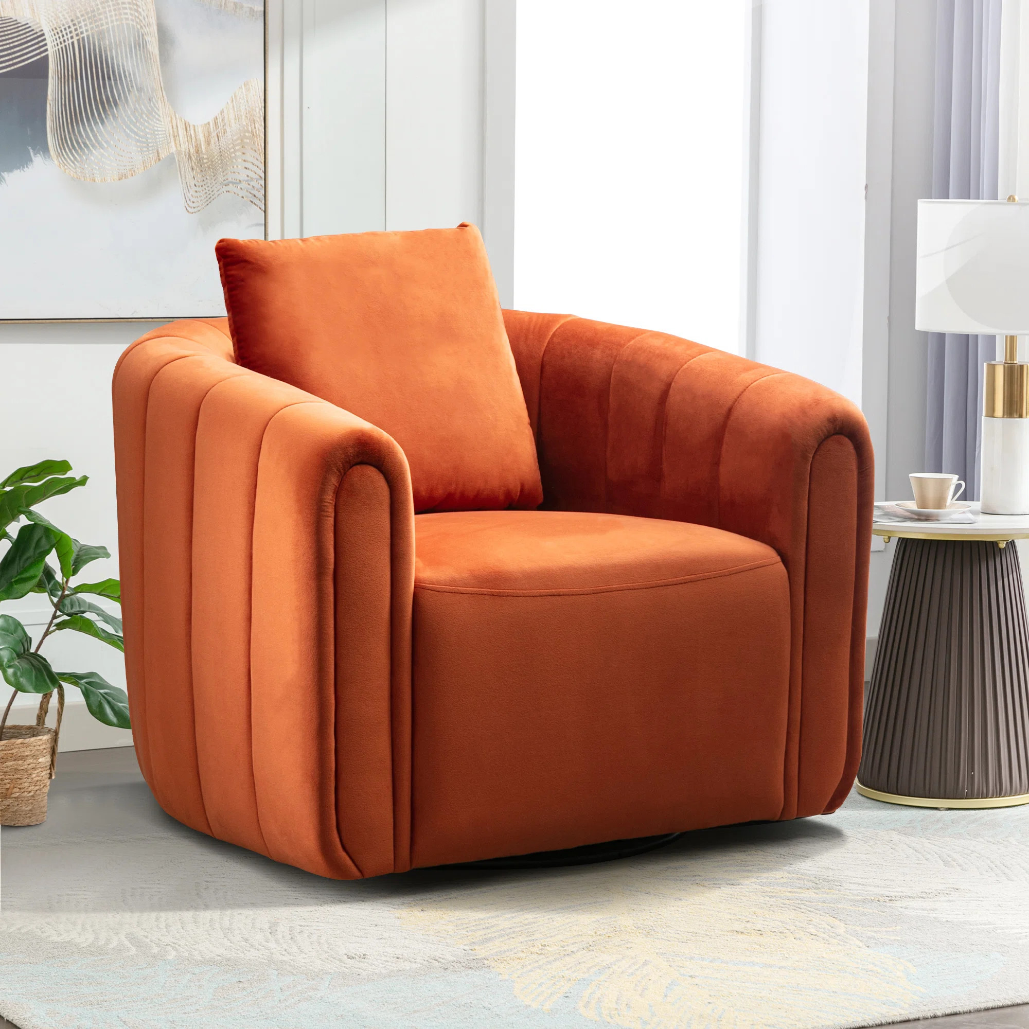 Deria 30.5''Wide Modern Soft Velvet Upholstered Swivel Armrest Barrel Chair with Pillow | Wayfair North America