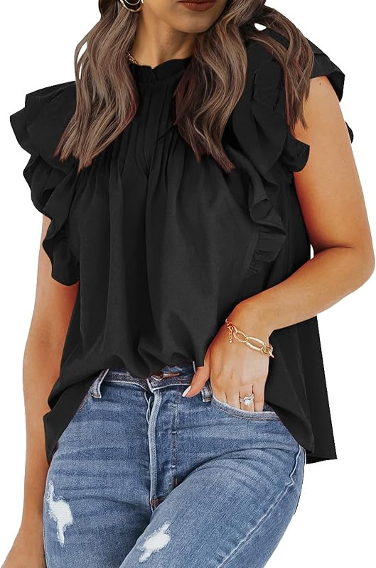 Theenkoln Womens Pleated Blouse Ruffle Sleeve Shirts Mock Neck Keyhole Back Summer Tunic Top | Amazon (US)
