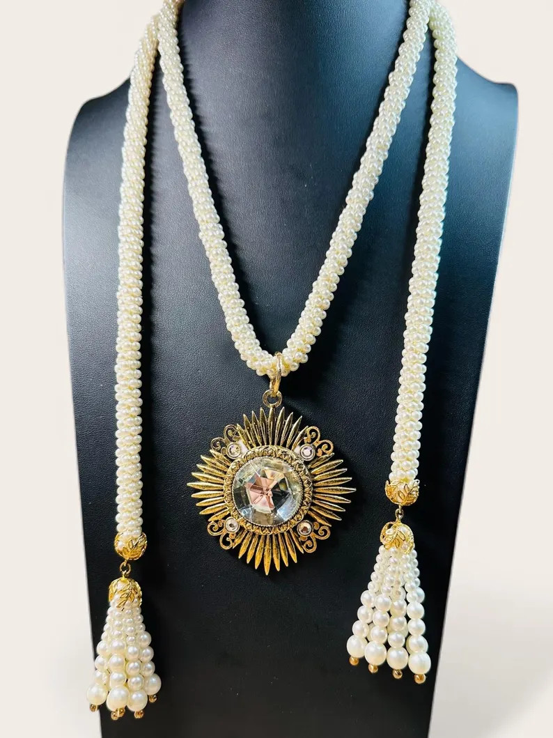 Evermore Necklace | 1990s Pearl Lariat with 1950s Radiant Medallion Pendant | Estate Statement Je... | Etsy (US)