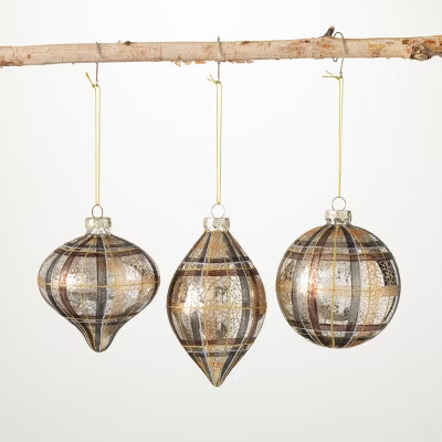 Neutral Plaid Ornament Multicolor 4.5"H Glass Set of 3 | Target