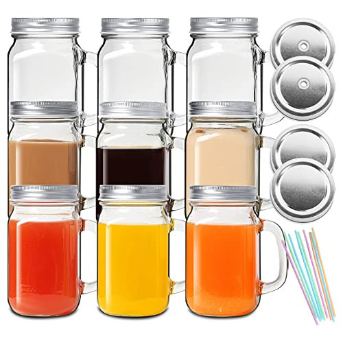 DESIYUE 16 Oz Mason Jar Cups, Mason Jars With Handle and Lids, Mason Jar Drinking Glasses, Glass Mason Jar Mugs with Straw Hole for Juice, Kombucha, Tea, Best Gift –9 Pack | Amazon (US)