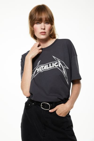 Oversized printed T-shirt - Dark grey/Def Leppard - Ladies | H&M GB | H&M (UK, MY, IN, SG, PH, TW, HK)