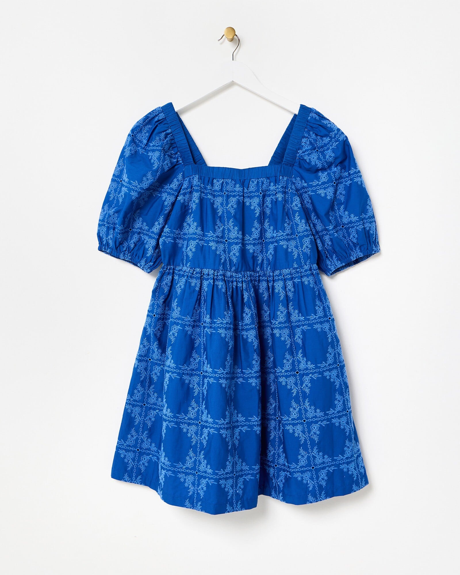 Blue Floral Broderie Tile Puff Sleeve Mini Dress | Oliver Bonas | Oliver Bonas (Global)
