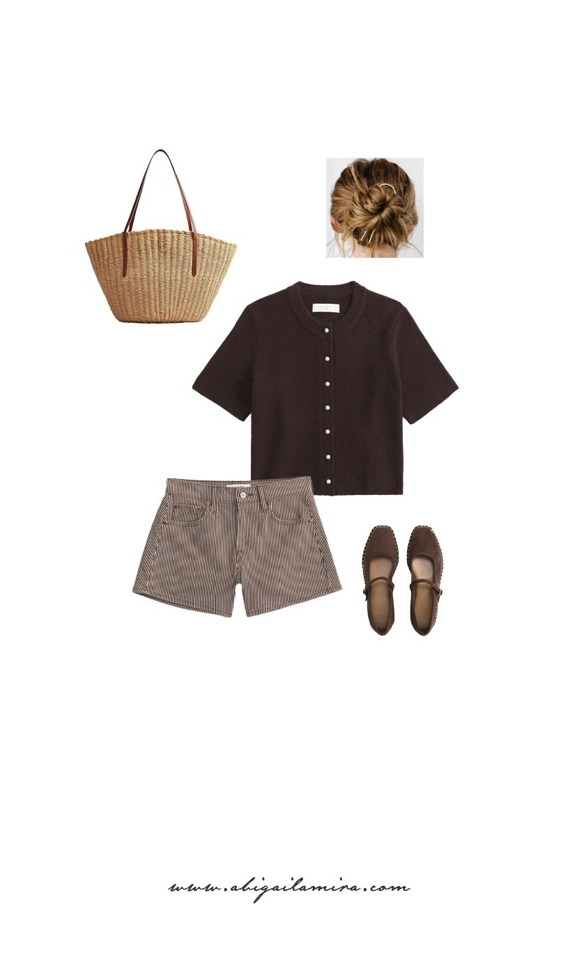 WHAT I'M WEARING WEDNESDAY 05/13/2026
This outfit is the perfect mix of relaxed and refined, combining rich chocolate tones with easy summer staples. The knit button-up adds a polished touch, while striped shorts and woven accessories keep the look casual and effortless. Finished with classic Espadrille flats and a Simple Gold U-Shape hair Pin, this ensemble feels timeless, comfortable, and ideal for slow sunny days.

#LTKmidsize #LTKshoes #LTKstyletip