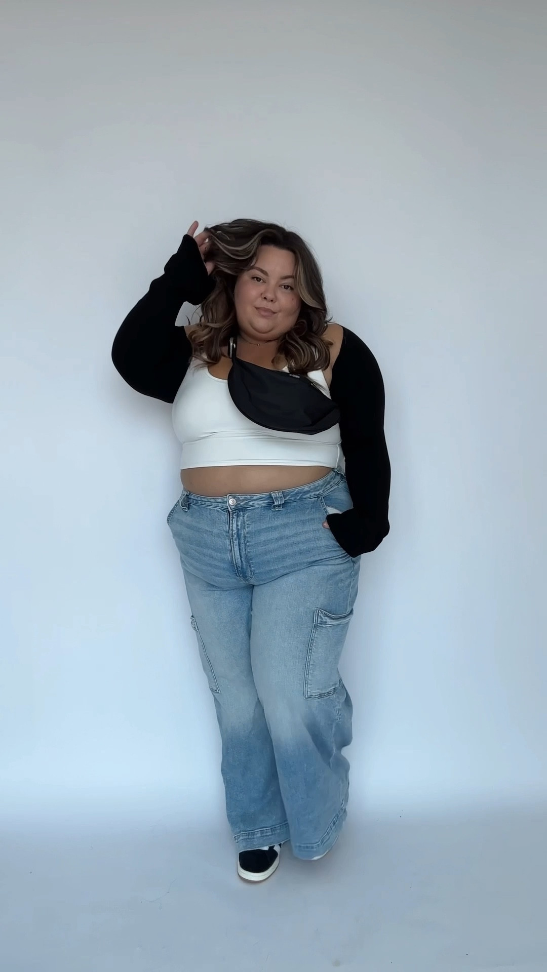 Plus size casual outfit 
Plus size cargo jeans size 20 Short from American Eagle 
Plus size Brami size 3X from Klassy Network 
Plus size Bolero from Klassy Network 
Adidas campus shoes size Men’s 7 
Pink loungewear size 3X from nuuds
Crossbody is from Lesportsac but can’t link here 

#LTKcurves #LTKunder50 #LTKstyletip