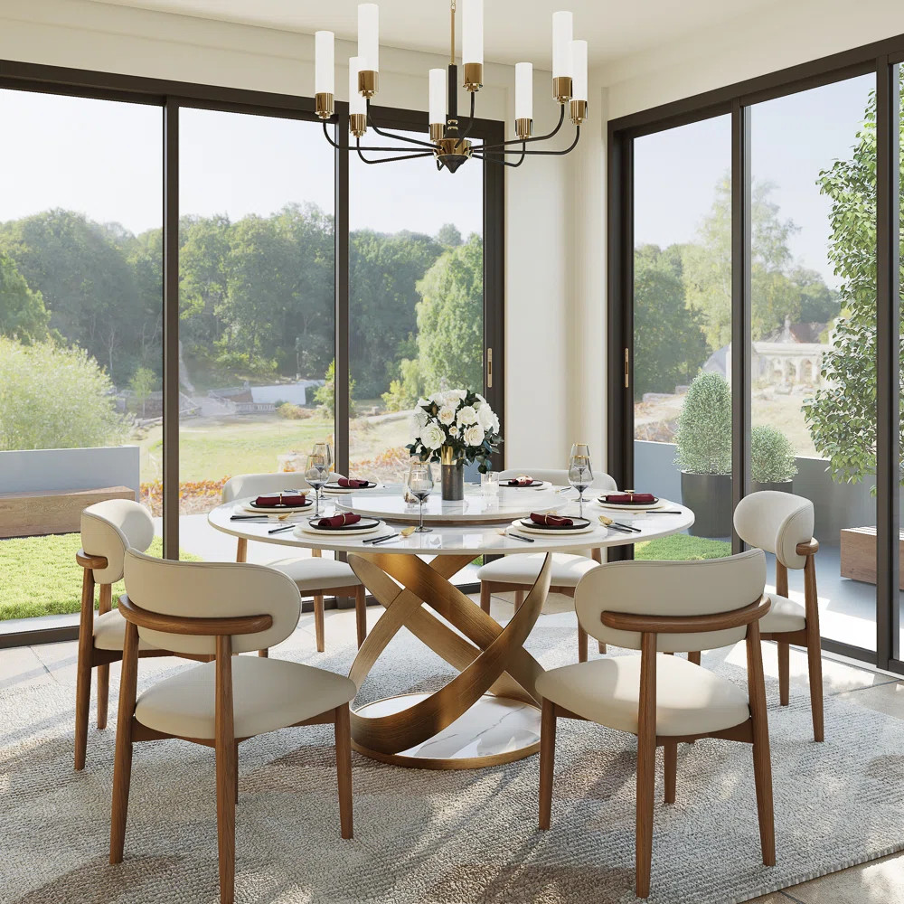 Maxwell Modern Round Dining Table, Sintered Stone Tabletop with Lazy Susan, Carbon Steel Base Pre... | Wayfair North America