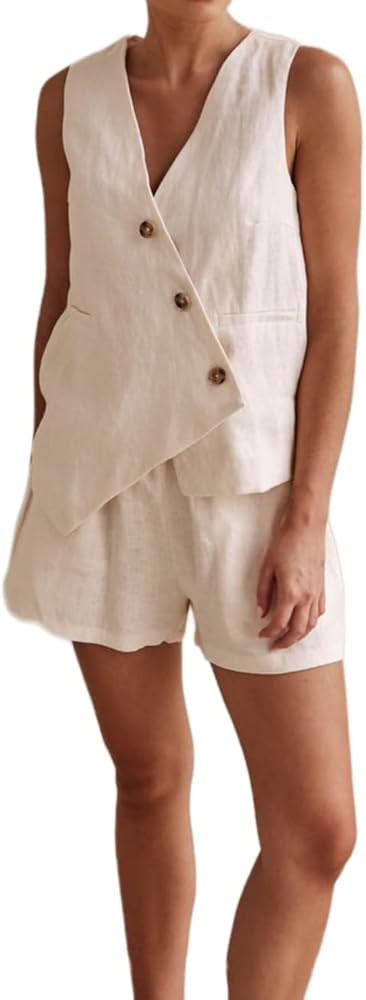 Women's 2024 2 Piece Set Linen Tank Tops and Shorts Summer Two Piece Outfits Pajamas | Amazon (US)