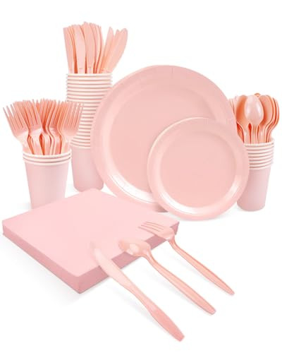 Lzerking Pink Party Supplies Set 224 Pieces of Pink Paper Plates, Cups, Napkins, and Heavy Duty Plastic Spoons Forks Knives for 32 Guests for Birthday, Graduation, Wedding, Festivals | Amazon (US)
