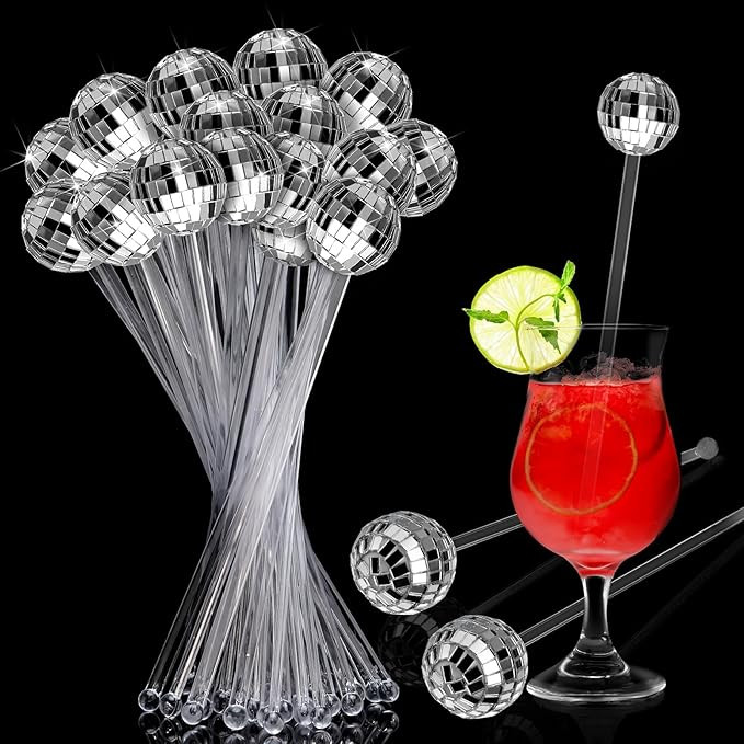 Sawysine 48 Pcs Disco Balls Cocktail Stirrers Plastic Round Top Swizzle Sticks Mirror Disco Ball ... | Amazon (US)