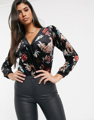 Women'secret velvet floral tiger print long sleeve body in black | ASOS US