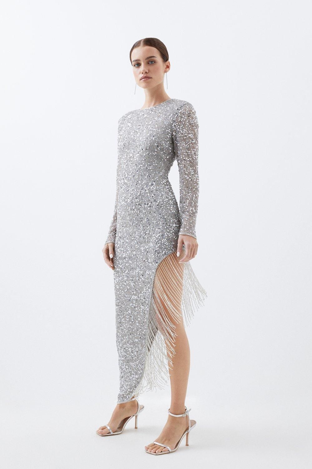 Petite Thigh High Split Embellished Fringed Woven Midi Dress | Karen Millen UK + IE + DE + NL