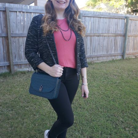 Adding a little colour to a black boucle jacket and black skinny jeans outfit with the pale coral tee and deep teal Rebecca Minkoff Love Too bag ❤️

#LTKaustralia #LTKworkwear #LTKwinter