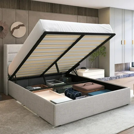 Sha Cerlin Full Size Lift Up Hydraulic Storage Bed Frame, Platform Bed with Fabric Upholstered Wingback Headboard, No Box Spring Needed, Beige | Walmart (US)