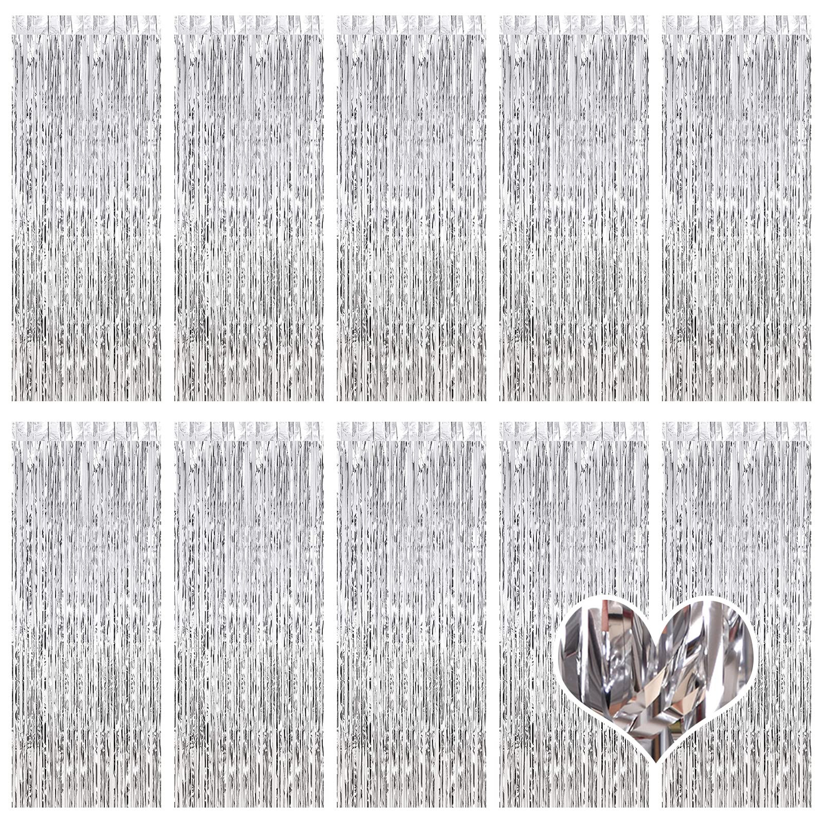 10 Pack Silver Backdrop Curtain 3.2ft x 8.2ft Metallic Tinsel Foil Fringe Curtains Photo Booth Ba... | Amazon (US)
