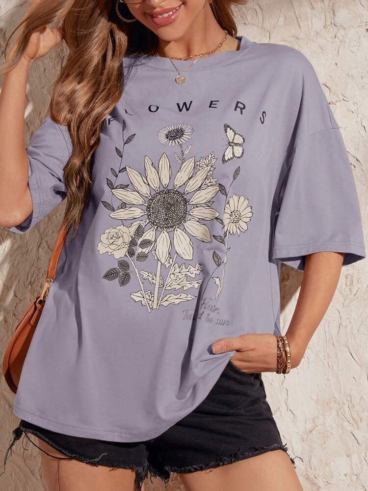 EMERY ROSE Floral & Butterfly Print Drop Shoulder Tee | SHEIN