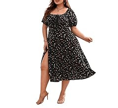 Floerns Women's Plus Size Floral Print Tie Front Square Neck Slit Hem Midi Dress | Amazon (US)