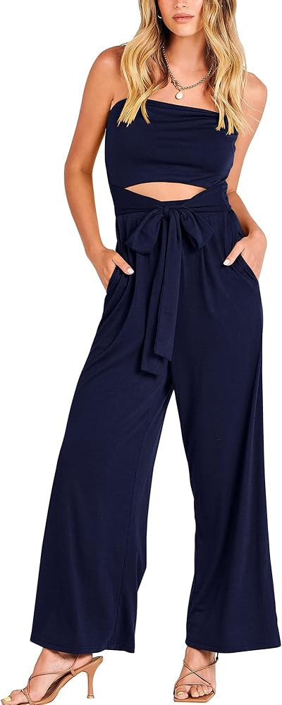 ANRABESS Women's Summer Casual Sleeveless Off Shoulder Strapless Cutout Tie Waist Wide Leg Jumpsu... | Amazon (US)