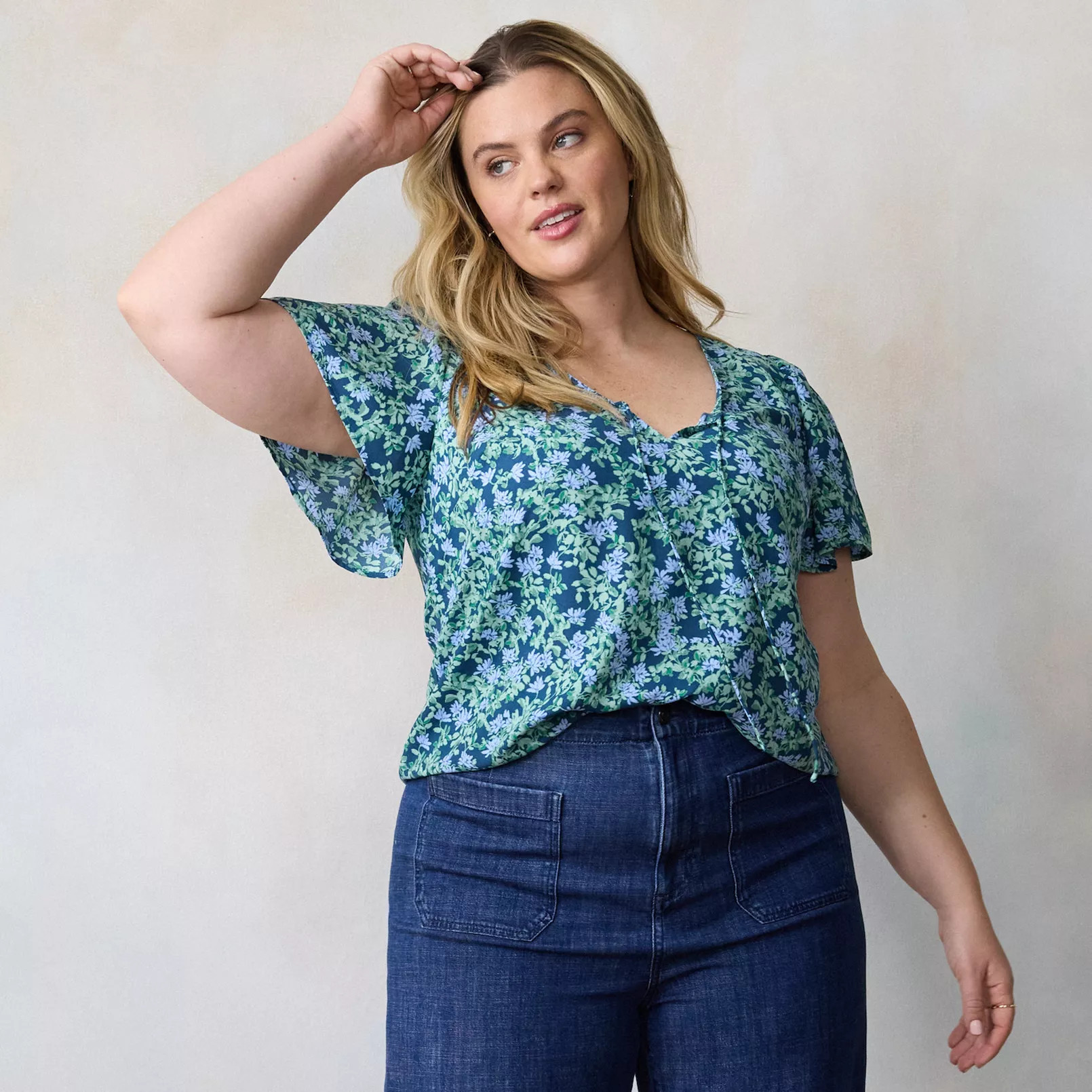 Plus Size LC Lauren Conrad Tie Key Hole Flutter Woven Short Sleeve V-Neck Blouse | Kohl's