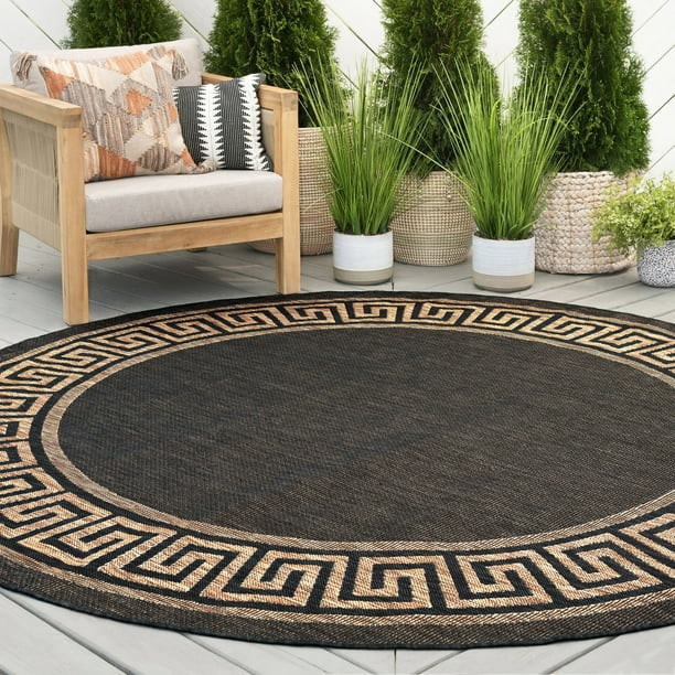 Transitional Area Rug (5'3'' Round) Greek Key Gold, Black Indoor Outdoor Round Easy to Clean | Walmart (US)