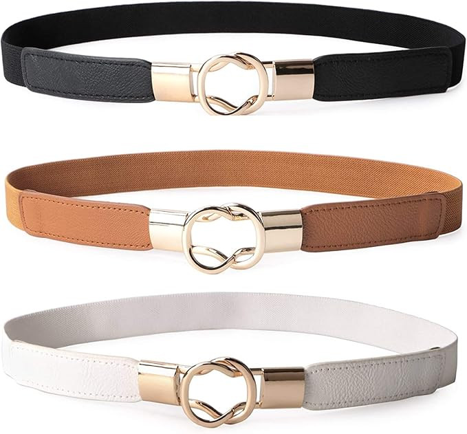 JASGOOD 2 Pack 3 Pack Women Retro Elastic Stretchy Metal Buckle Skinny Waist Belt 1 inch Wide | Amazon (US)