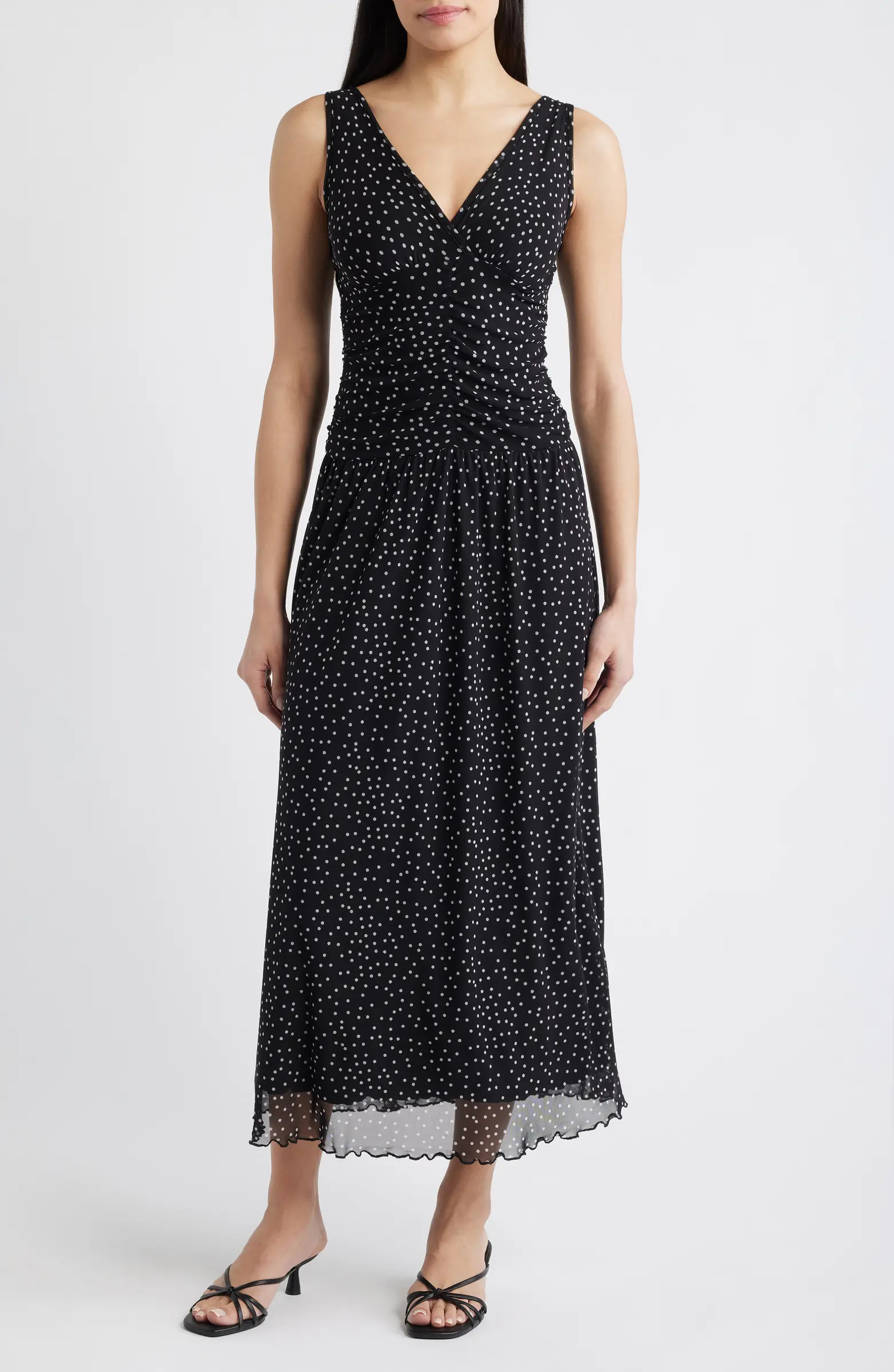 Polka Dot Ruched Mesh Maxi Dress | Nordstrom