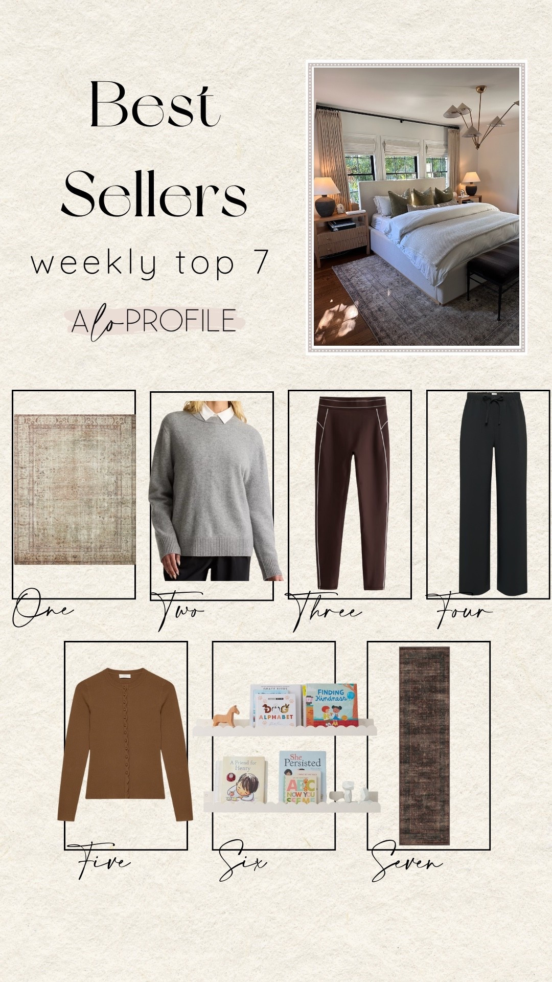 WEEKLY BESTSELLERS ✨
1. Bedroom Rug
2. Fav Sweater
3. Leggings (on sale)
4. Go to Pants
5. Cardigan Top
6. James' Bookshelves
7. Washable Rug (on sale + code: ALOPROFILE to save)


#LTKSaleAlert #LTKootd #LTKHome