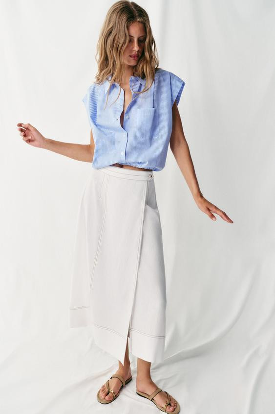 Zara - Cropped Gingham Shirt - Brown / White - M - Woman | Zara US