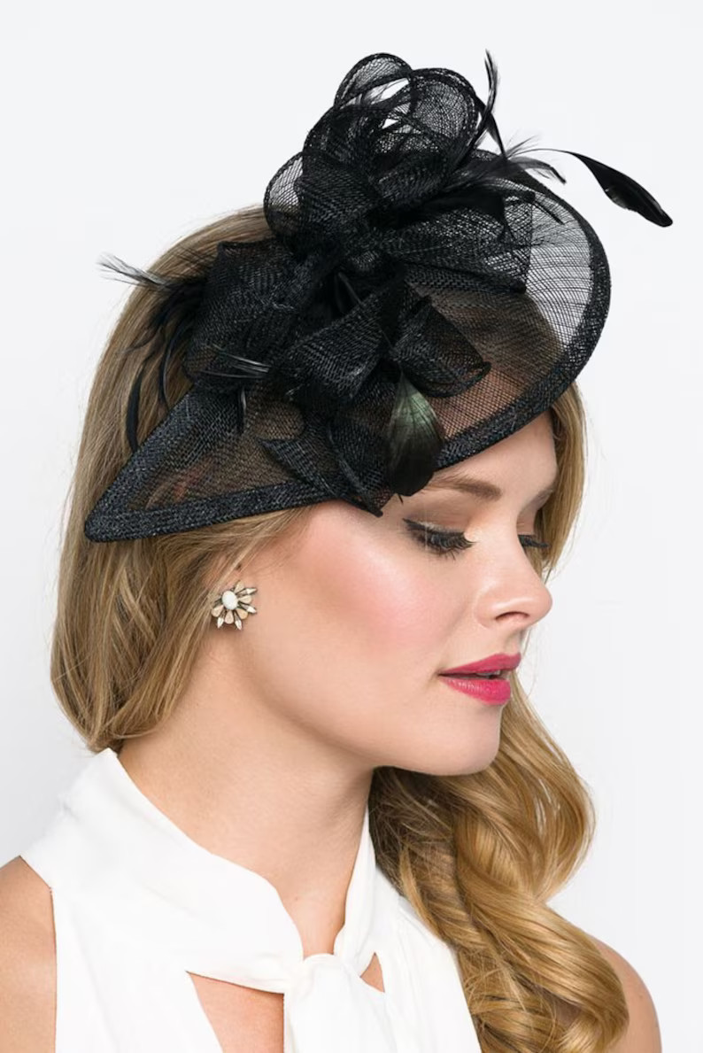 Black Fascinator - "Penny" Mesh Hat Fascinator with Mesh Ribbons and Black Feathers | Etsy (US)
