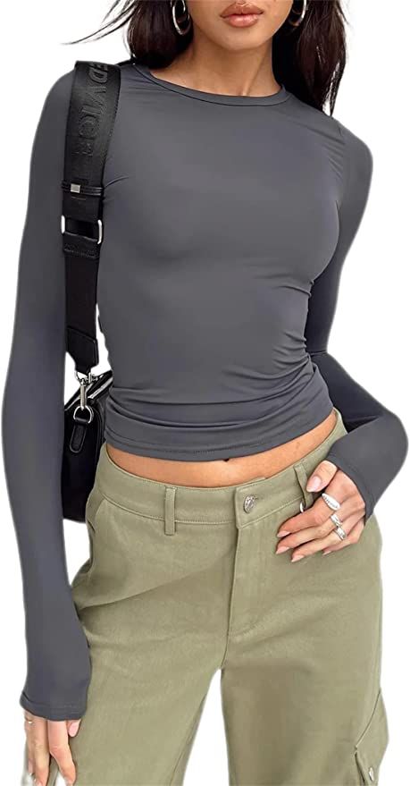 Hafailia Fitted Basic Long Sleeve Shirt Women - Casual Y2K Long Sleeve Tops Crewneck Slim Fit Tsh... | Amazon (US)