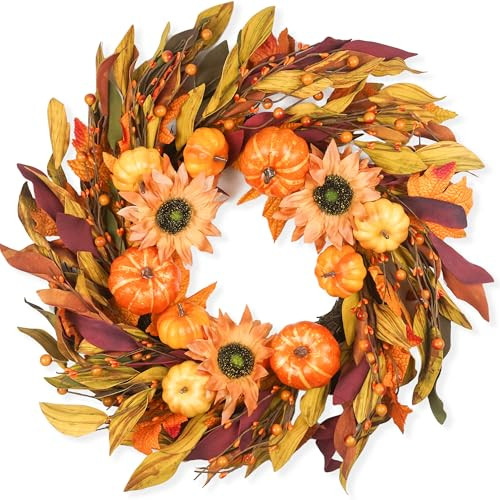 HomeKaren Fall Wreaths for Front Door 22 Inch, Autumn Wreath with Berry Pumpkin, Maple Leaves, Thanksgiving Harvest Festival Decorations Indoor and Outdoor | Amazon (US)