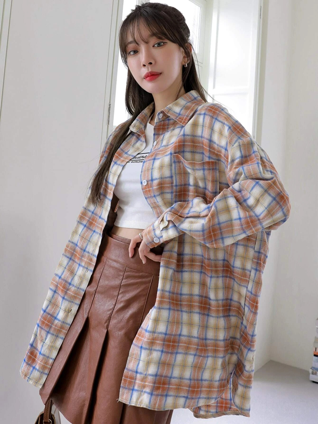 DAZY Tartan Drop Shoulder Patched Pocket Blouse | SHEIN