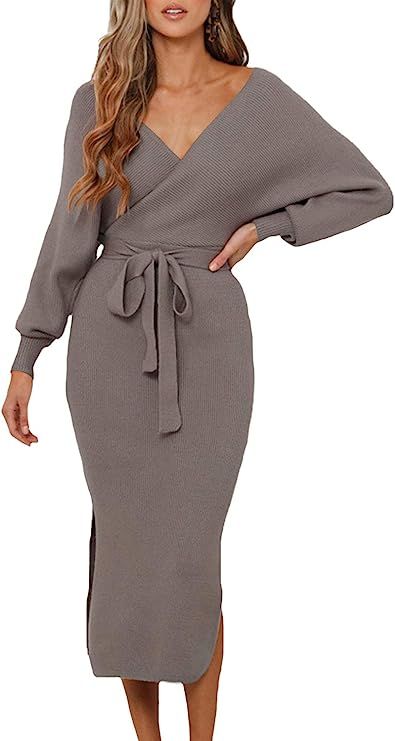 Fixmatti Women's Elegant V Neck Wrap Knit Dresses Batwing Sleeve Backless Slit Maxi Dress with Be... | Amazon (US)