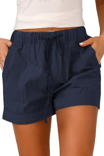 Navy Blue Linen Shorts Women High Waisted Lounge Lightweight Cotton Shorts | Amazon (US)