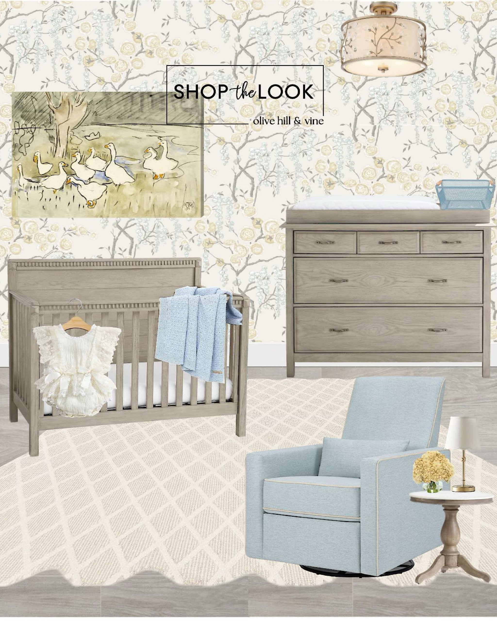 Welcome to our enchanting duckling-themed nursery, where soft yellows and blues create a calming atmosphere. The floral and branches wallpaper brings nature indoors, while a cozy baby blue swivel glider is perfect for soothing moments. Whimsical duck art and an elegant crib with crown molding add charm. An adjustable scalloped lamp and ivy crystal ceiling light provide a comforting glow, and the space is completed with a marble end table, hydrangea bouquet, and a cute lace romper. This nursery is designed to be a cozy, stylish retreat for your little one to thrive. 

#LTKBaby #LTKBump #LTKHome