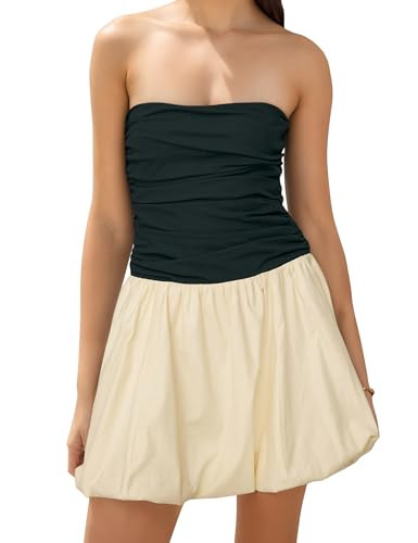 Ymejia Womens Ruched Strapless Mini Dress Bubble Slim Fit Back Smocked A Line Casual Flowy Short Tube Top Dress Black Apricot | Amazon (US)