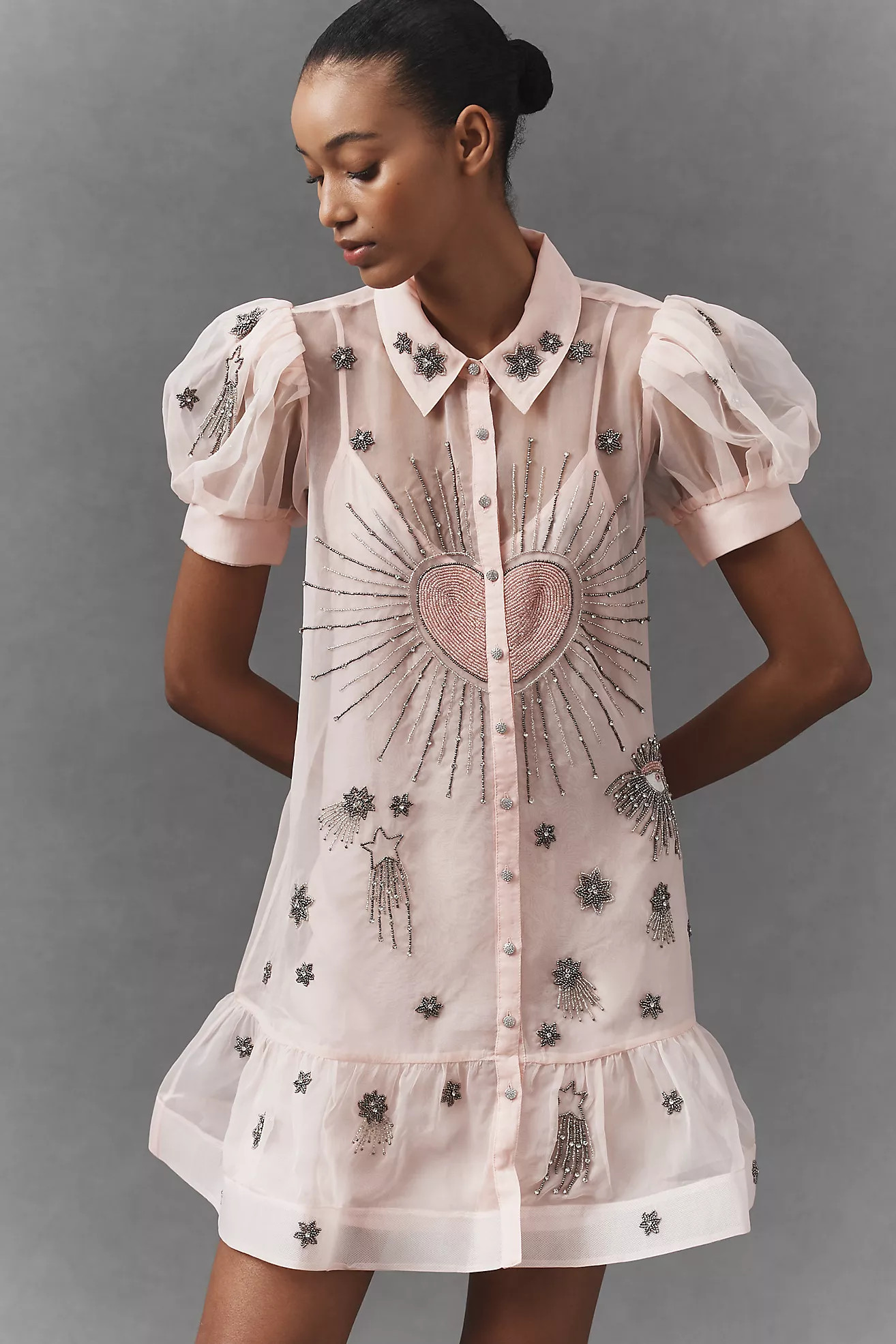 Maeve Short-Sleeve Embellished Mini Shirt Dress | Anthropologie (US)